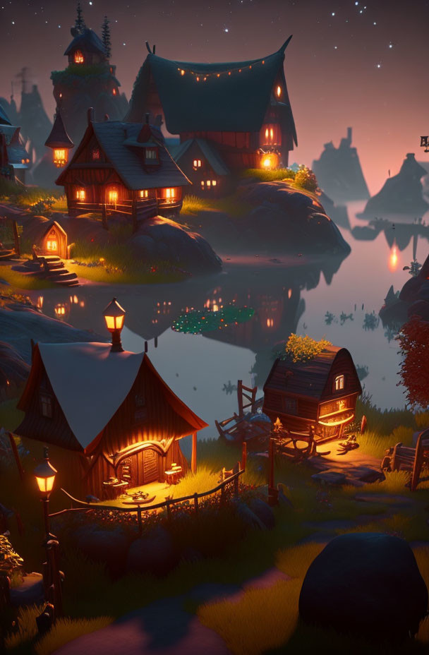 Peaceful Village Night Scene by Calm Lake