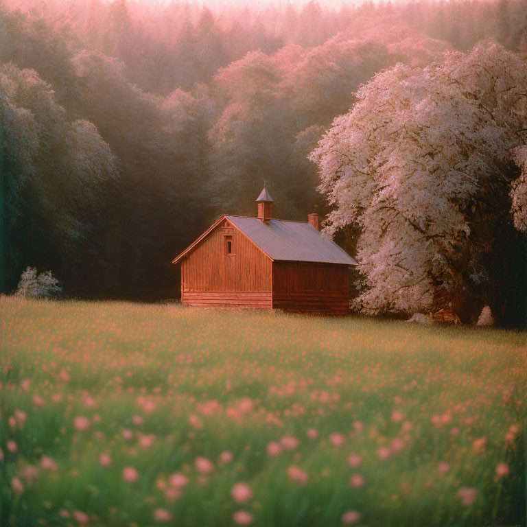 Rustic wooden cabin in blooming meadow at dawn or dusk