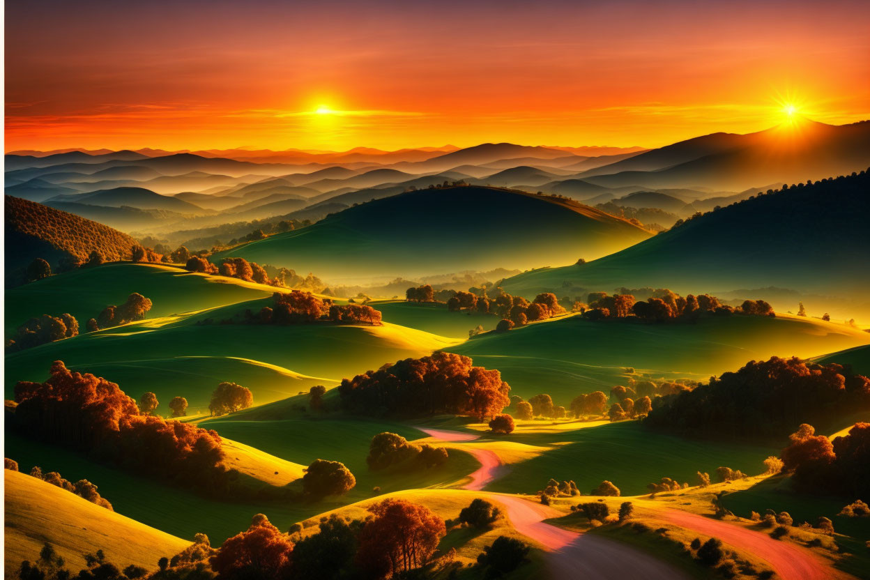 Scenic sunset with dual suns over rolling green hills