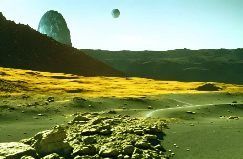 Barren landscape with yellow terrain, rock formation, and celestial body.