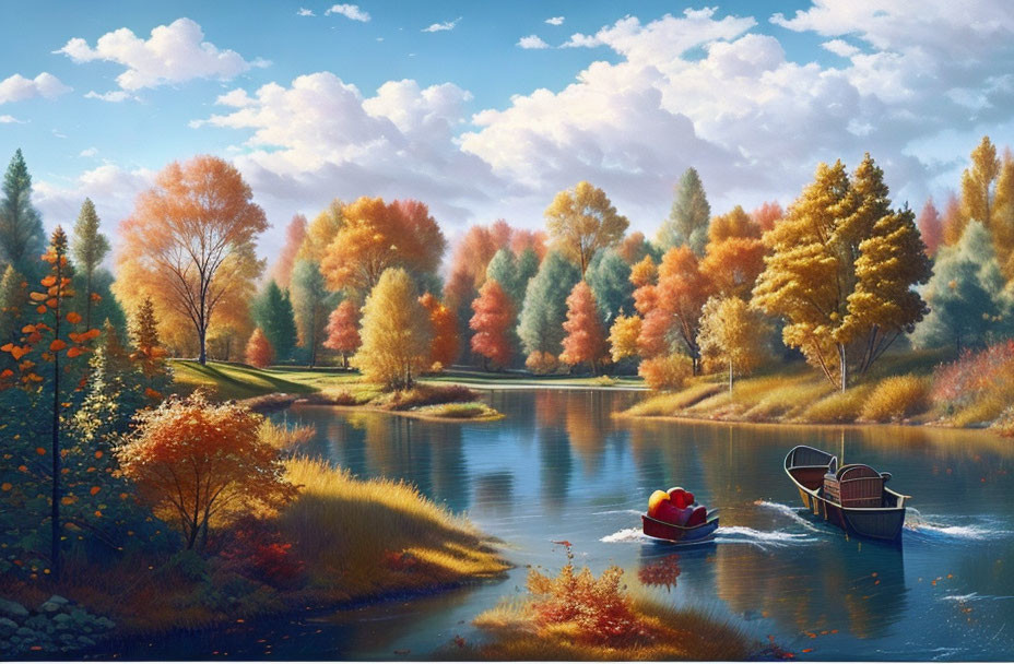 Tranquil autumn scene: colorful trees mirrored in serene lake with boat.