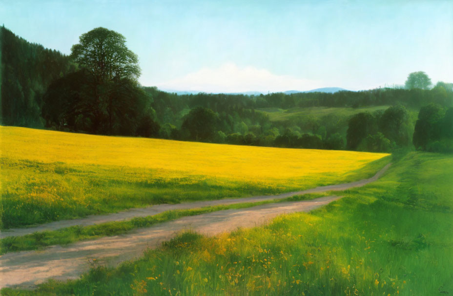 Tranquil landscape with blooming yellow field and winding road