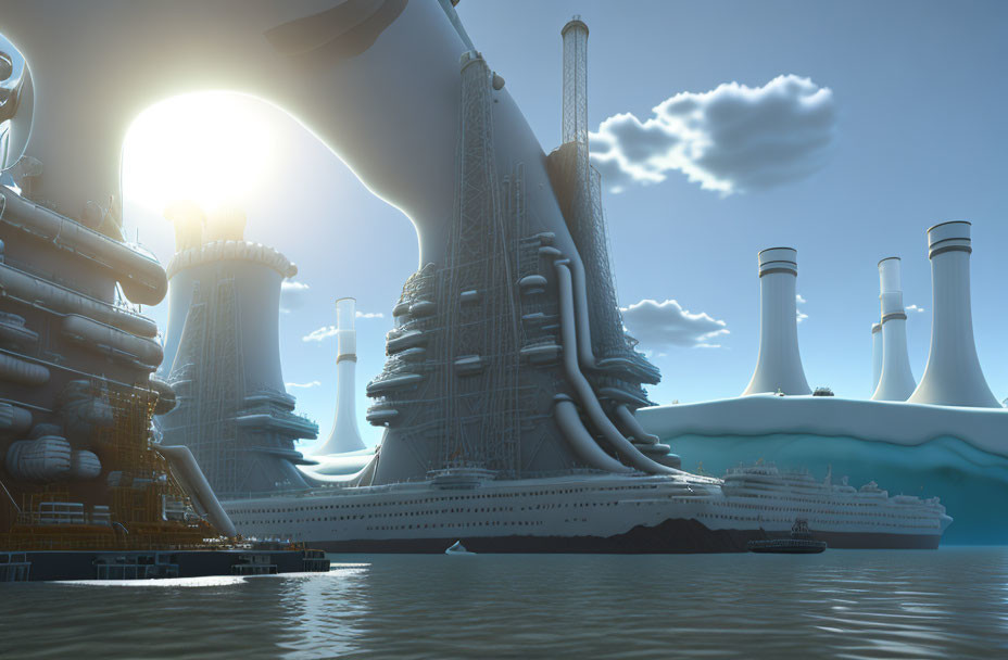 Futuristic industrial marine structures with towering chimneys and complex architecture