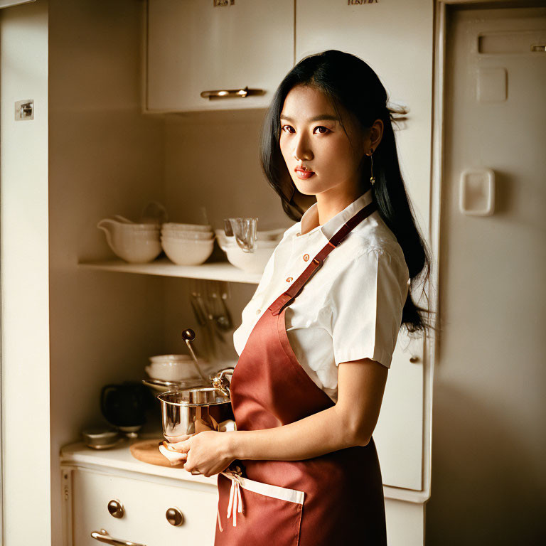 Woman in white blouse and red apron in vintage kitchen with pot, cabinets, and dishware