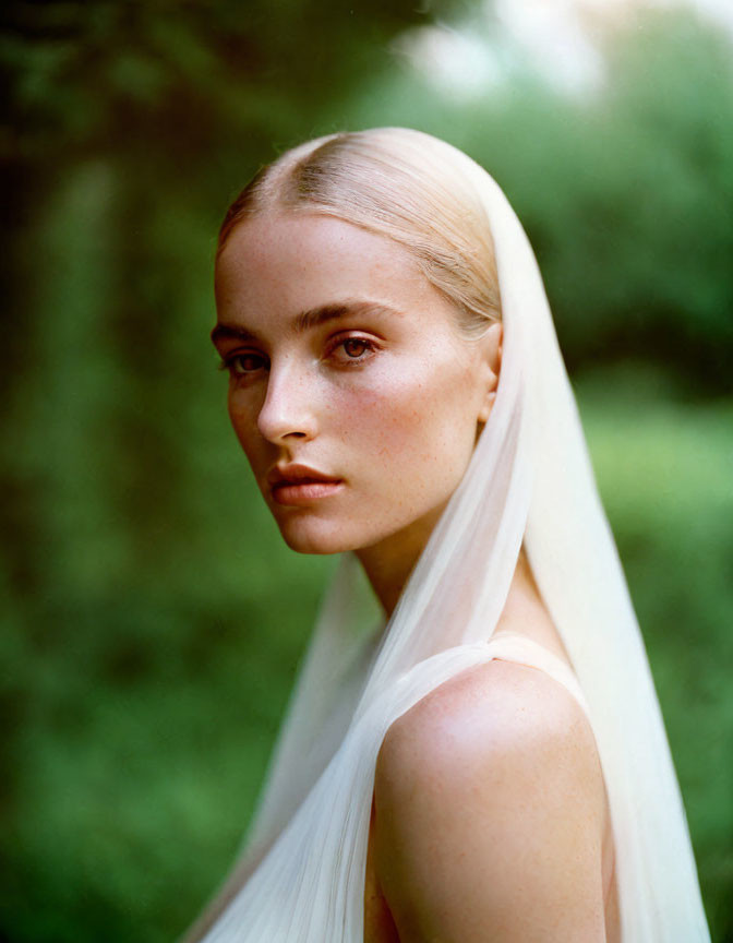 Blond woman in white veil against green backdrop