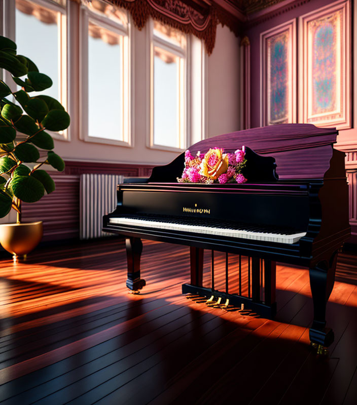 Luxurious room with grand piano, flowers, hardwood floors, large windows, and potted plant