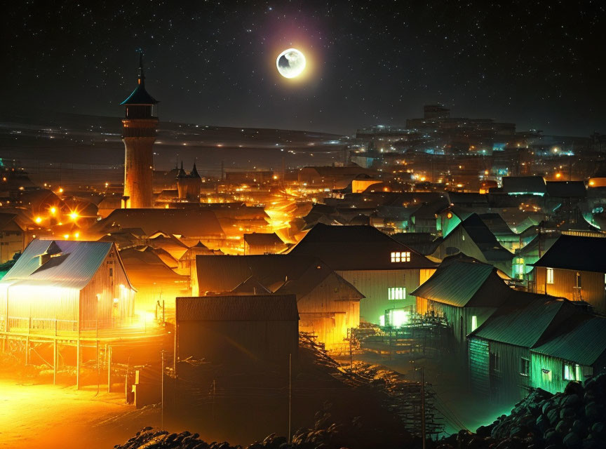 Glowing crescent moon above illuminated town with traditional buildings