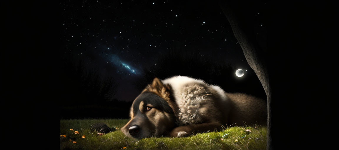 Dog resting on grass under starry night sky with galaxy and crescent moon