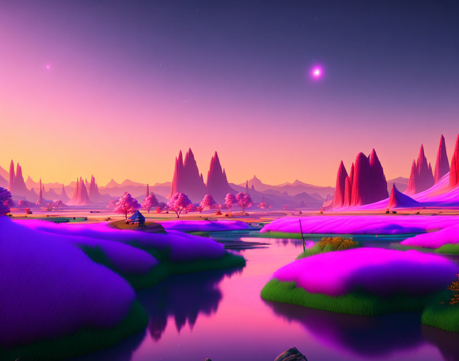 Colorful alien landscape: purple grass, pink skies, multiple moons, serene waters, fantastical mountains