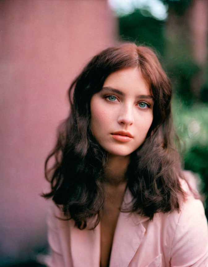 Brown-haired woman in pink blouse with blue eyes on green background