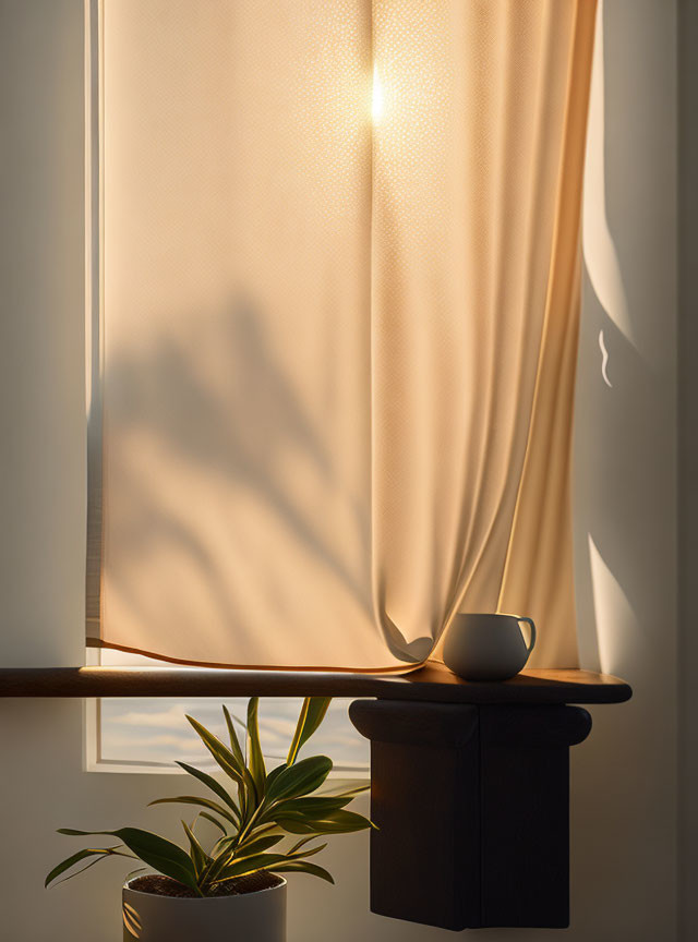 Natural sunlight through sheer curtains creates shadow on wall with coffee cup and potted plant.