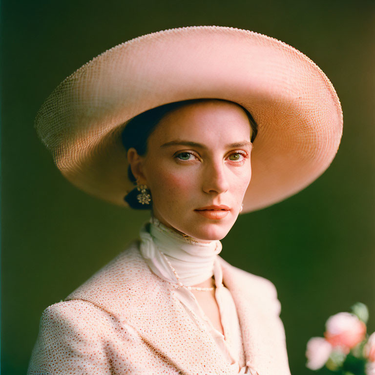 Woman in Wide-Brimmed Hat and Polka Dot Blouse with Earrings