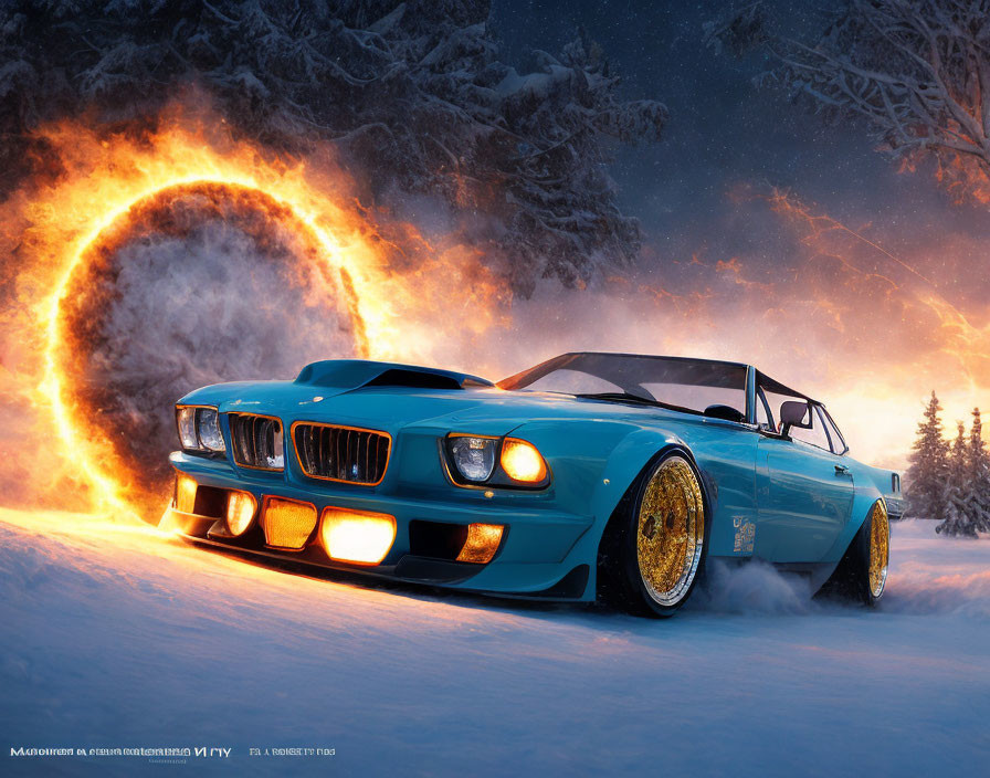 Vintage blue car with golden rims in snowy forest with fiery ring.