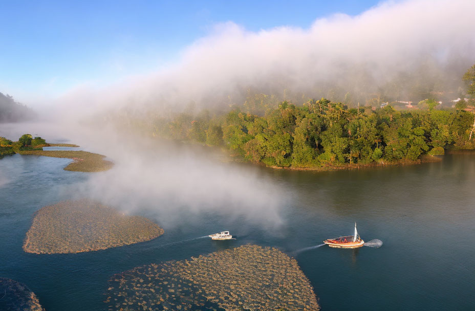 Tranquil river scene with boats in morning fog and lush greenery