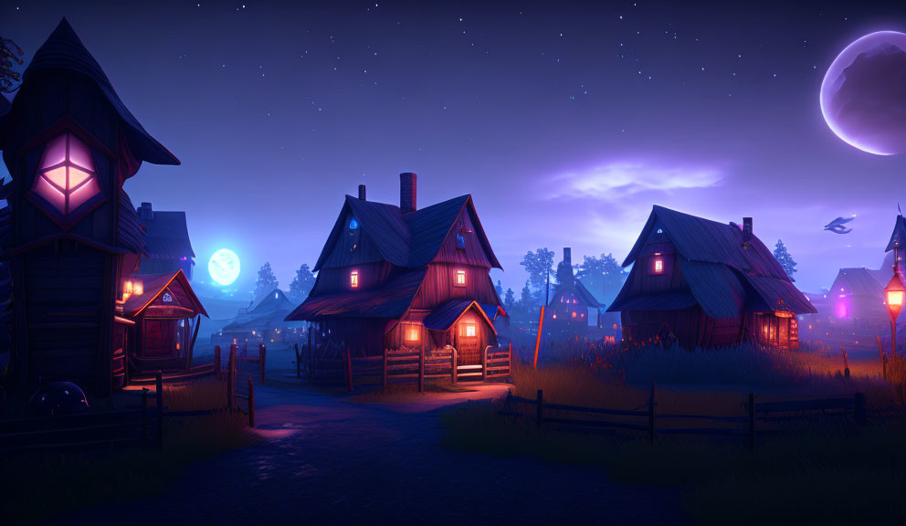 Rustic Village Night Scene with Crescent Moon