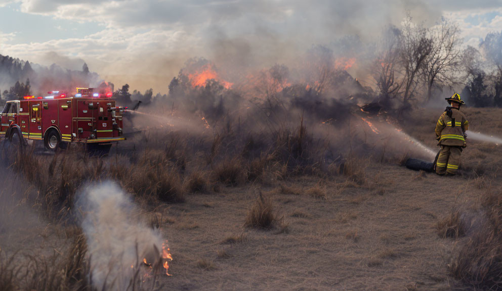 Grassland fire being fought by firefighter with fire truck nearby