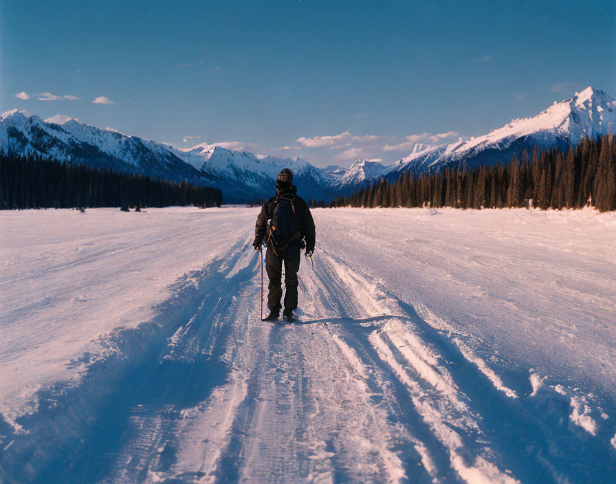 Person Cross-Country Skiing in Snowy Mountain Landscape