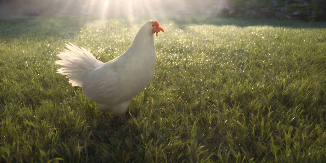 White Chicken in Sunlit Green Grass: Serene Scene