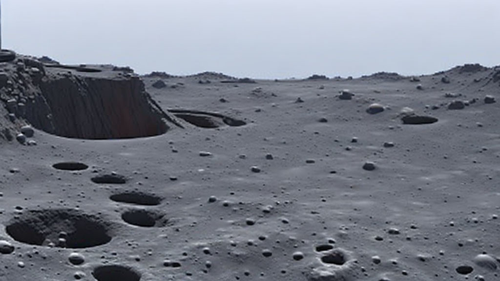 Lunar landscape with craters, rocks, and abyss under grey sky