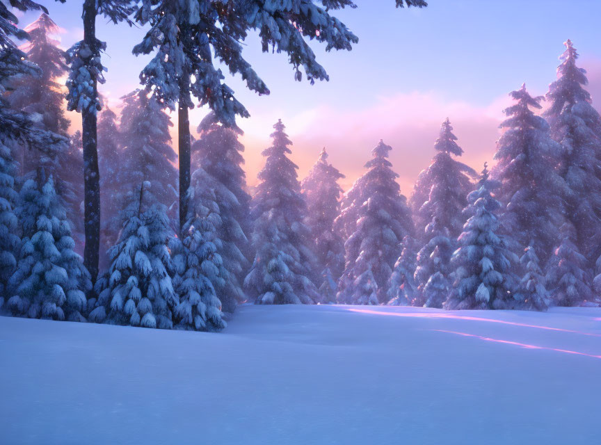 Snow-covered trees in serene winter sunset scene