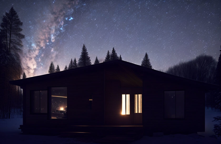 Nighttime cabin surrounded by trees under starry sky with Milky Way visible