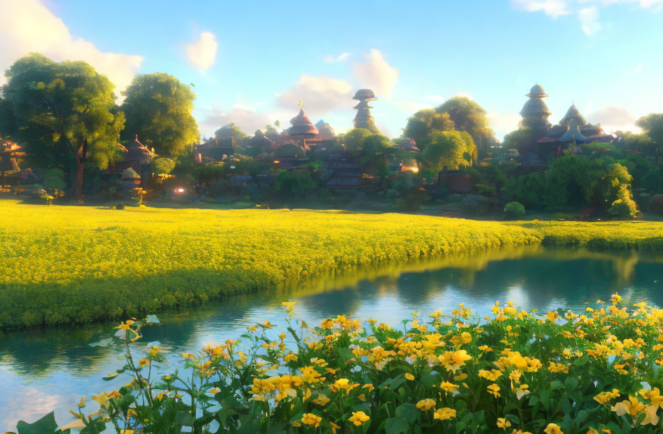 Tranquil animated landscape: yellow flowers, river, village under warm sky