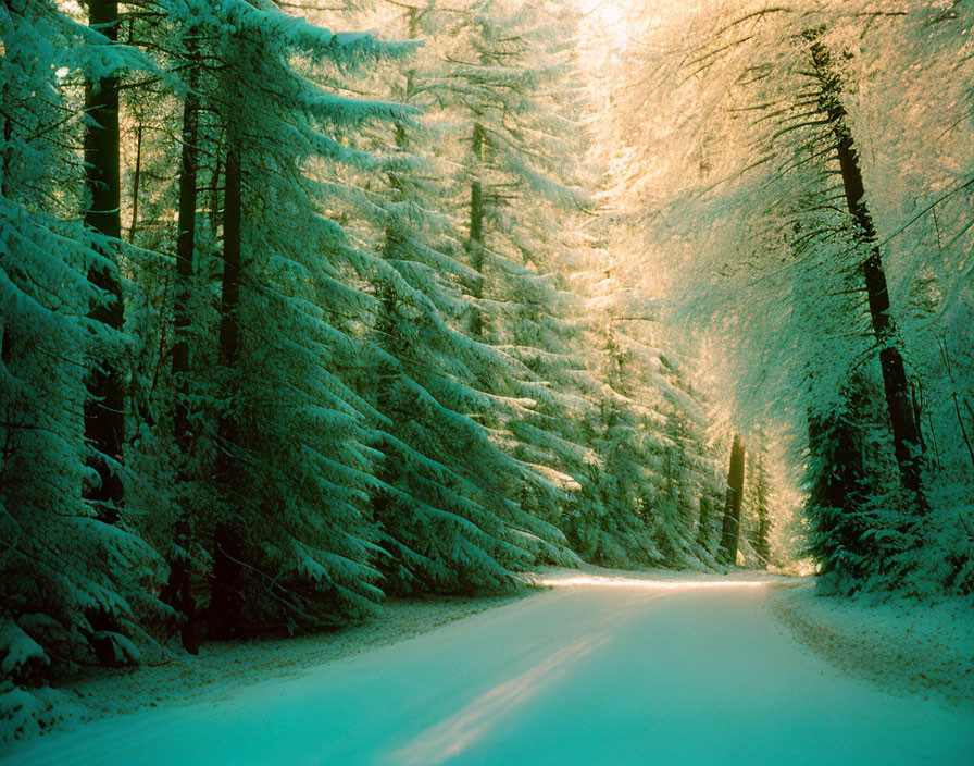 Winter forest road with snow and sunlight through coniferous trees