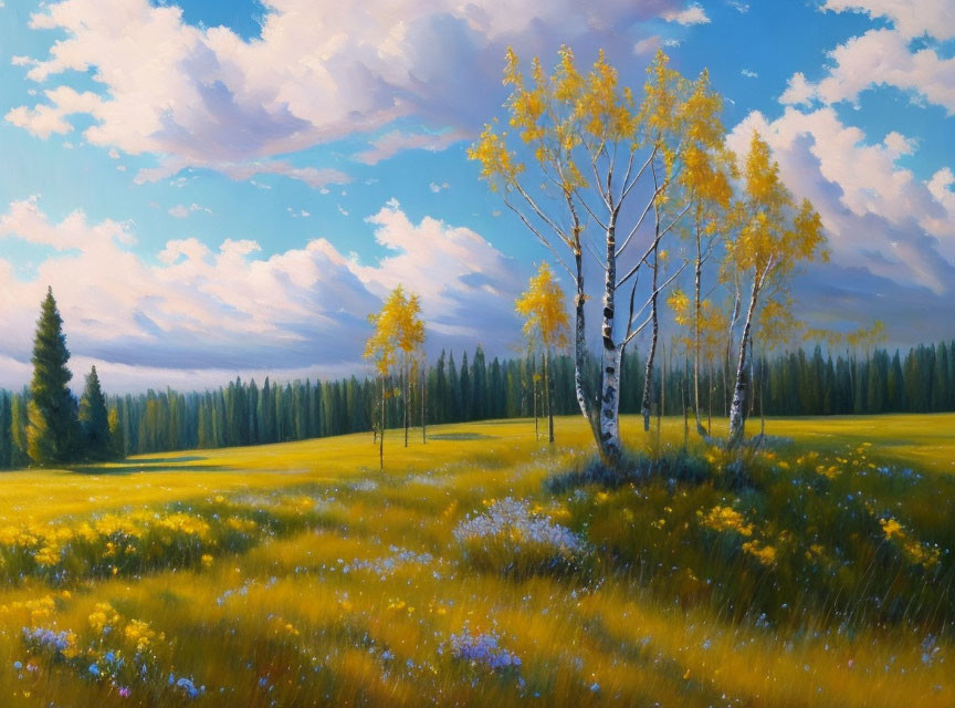 Landscape painting of lush meadow, birch trees, and forest under cloudy sky