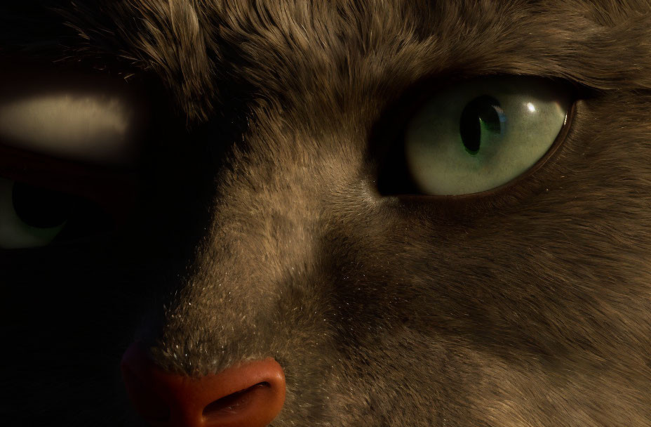 Detailed 3D Rendering of Cat's Face with Green Eye and Textured Fur