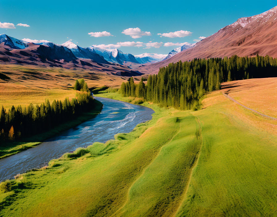 Scenic river in green valley with snowy mountains