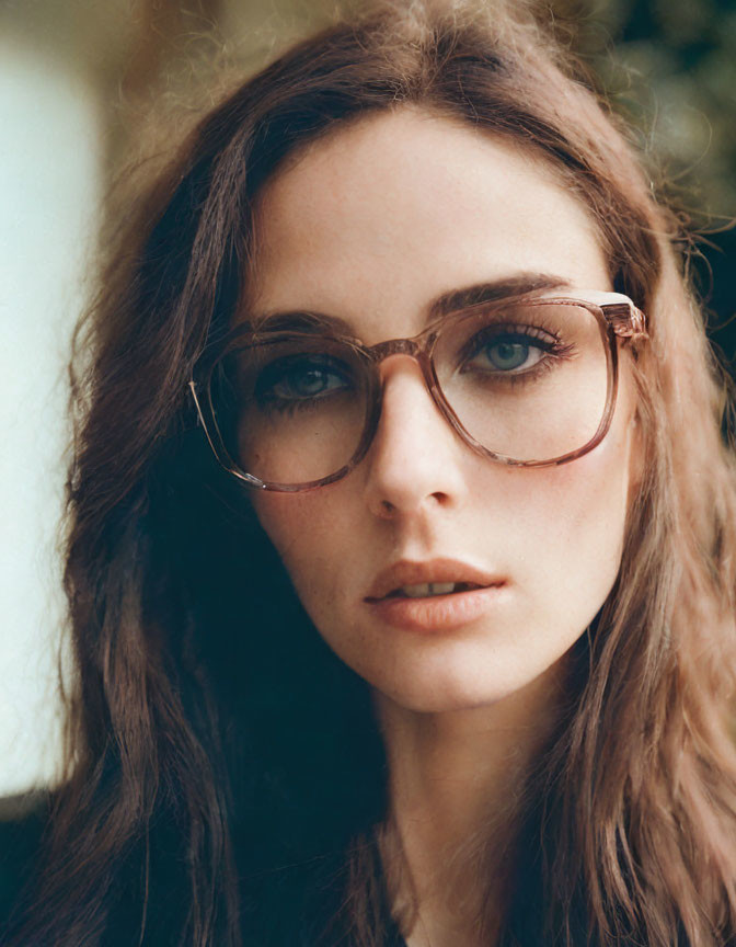 Woman with Wavy Hair and Round Glasses Staring at Camera