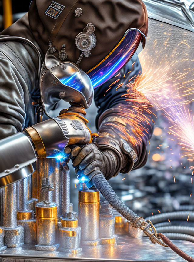 Person welding metal components with protective gear and bright sparks.