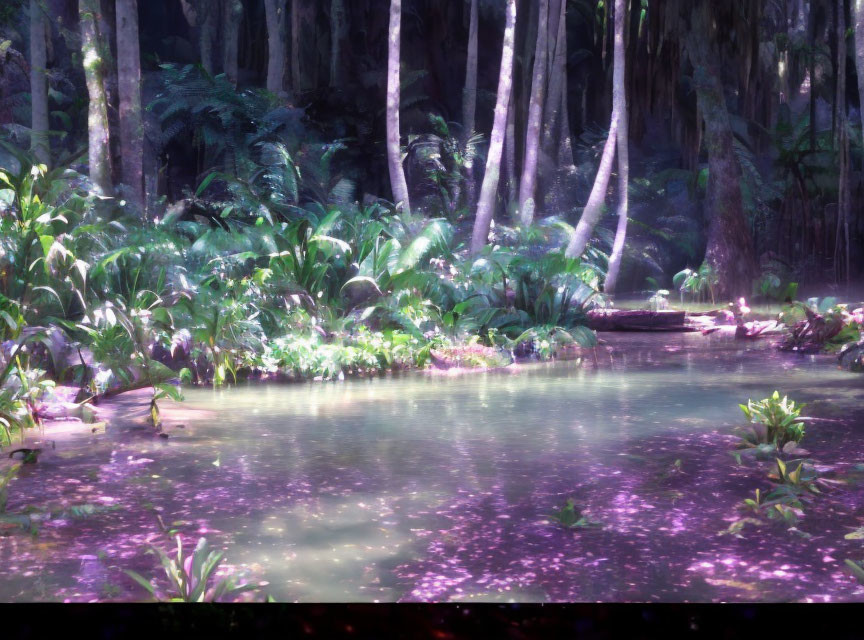 Vibrant Purple Forest with Serene Pond