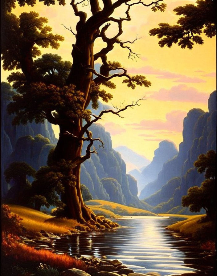 Serene landscape painting: river through canyon at sunset