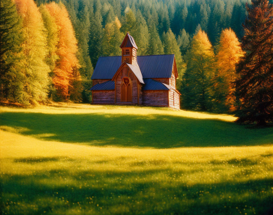 Wooden church in autumn forest glade with colorful trees & green meadow