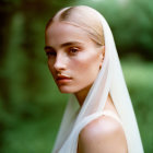 Blond woman in white veil against green backdrop