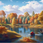 Colorful Autumn Fantasy Landscape with Houses, Water, and Mountains