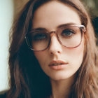 Woman with Wavy Hair and Round Glasses Staring at Camera