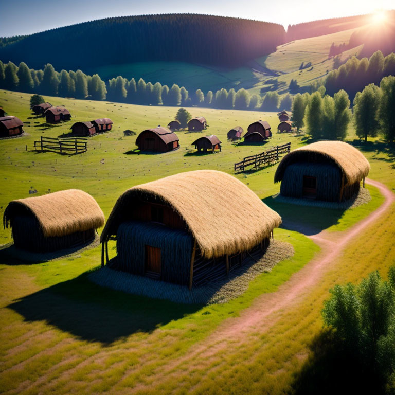 Traditional Thatched-Roof Houses in Rural Sunset Landscape