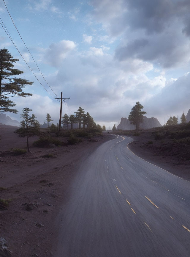 Winding road through dusky landscape with tall pines