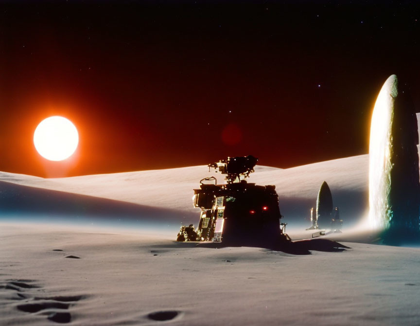 Lunar rover on moon with Earth rising and sun in distance