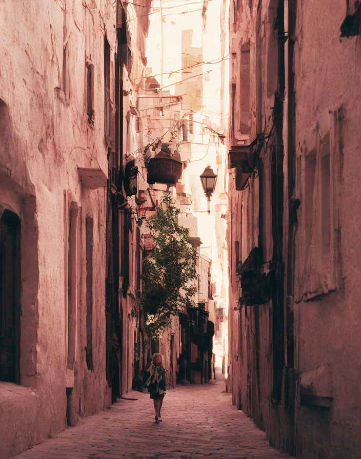 Sunlit alley with old buildings and lanterns: Tranquil historic scene