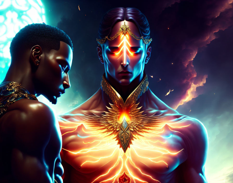 Stylized figures with glowing features and cosmic backdrop.