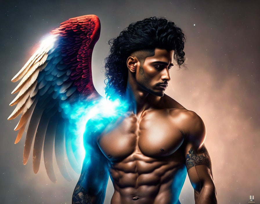 Man with impressive physique and angelic wing in cosmic setting.