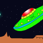 Colorful Cartoon-Style UFO in Desert Landscape at Twilight