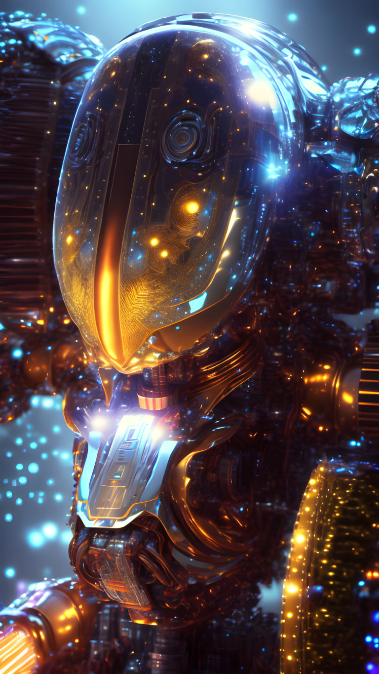 Detailed Futuristic Robot with Reflective Surface and Blue-Golden Lights