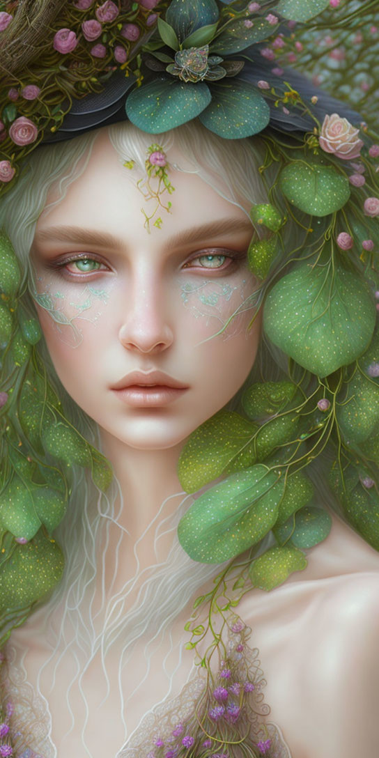 Digital artwork featuring mythical feminine figure with green leaf hair and floral adornments