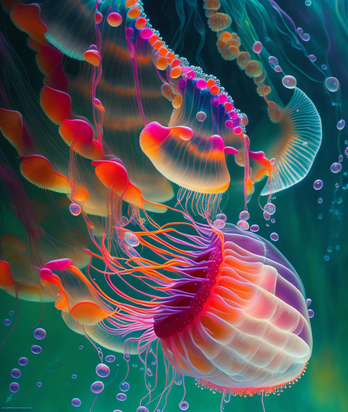 Colorful jellyfish in deep ocean with delicate tentacles