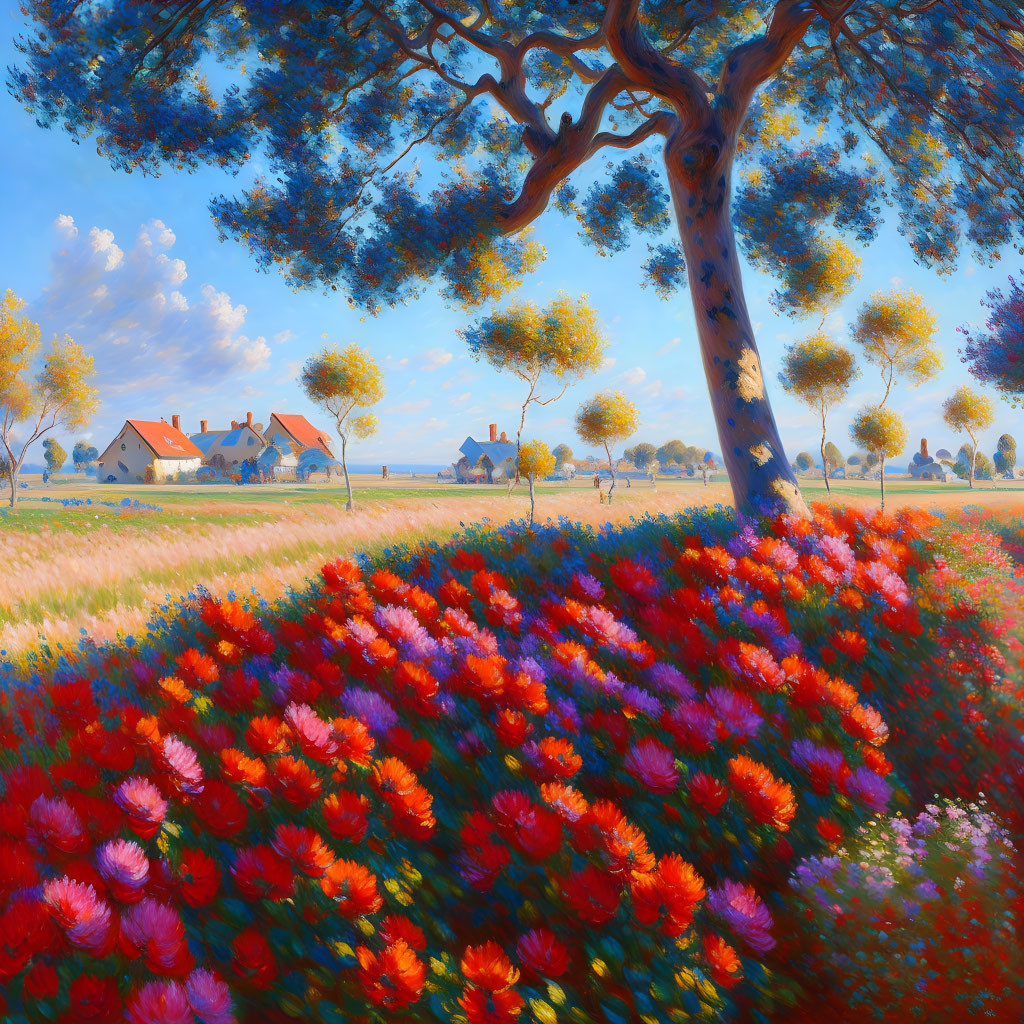 Colorful landscape with large tree, vibrant flowers, and traditional houses under blue sky.