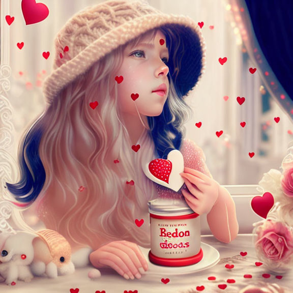 Digital artwork featuring girl with flowing hair, hat, heart, "Bedoo Foods" tin, plush